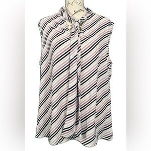 Anne Klein Flowy Sleeveless Striped Blouse V-Neck Sashes Bow Versatile NWT